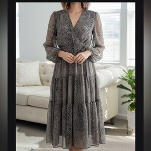 Vici Gray and White Pleated Wrap Dress with Bishop Sleeves